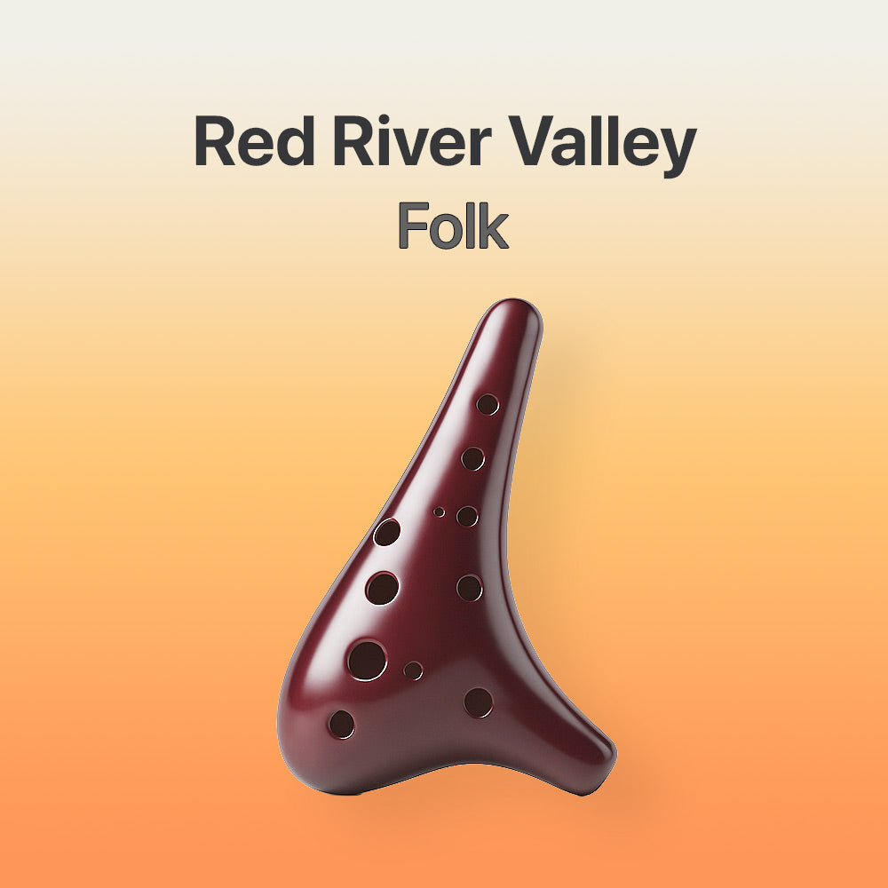 Wooden ocarina with 'Red River Valley Folk' text on a gradient background