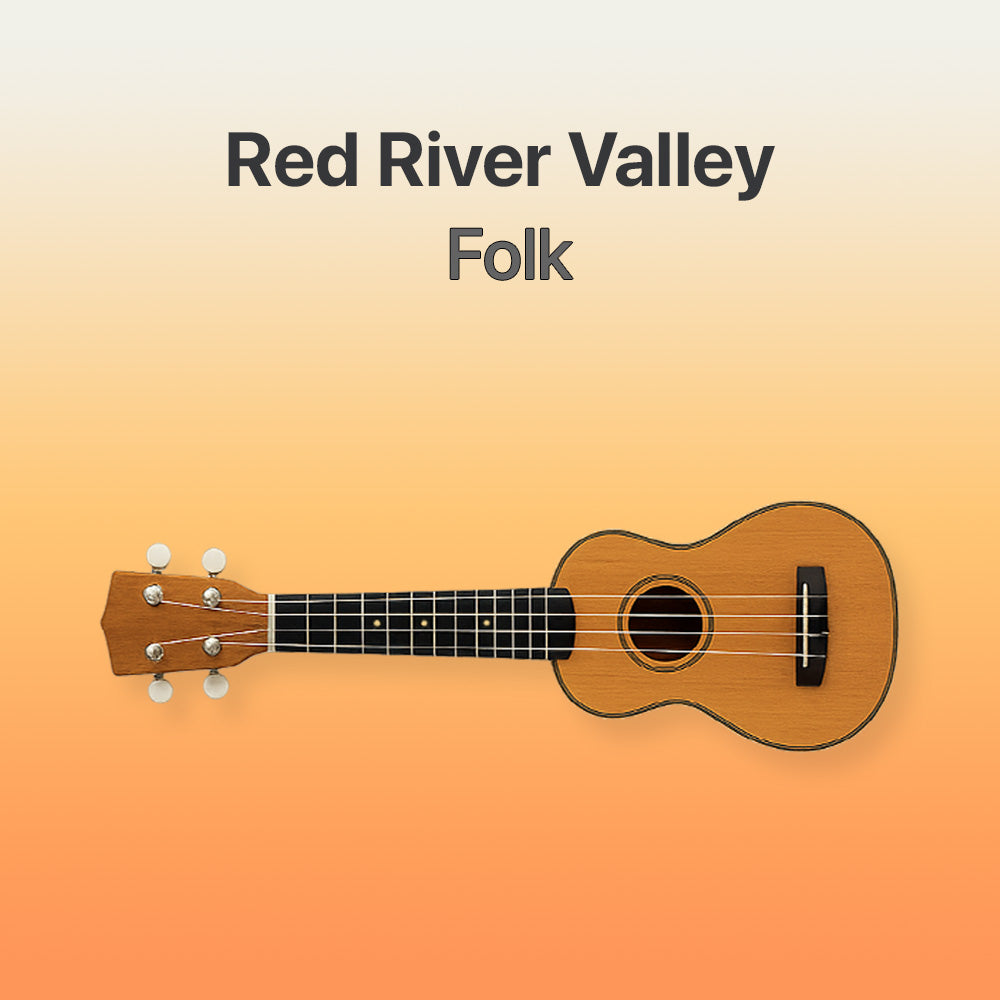 Wooden ukulele on a gradient background with 'Red River Valley Folk' text.