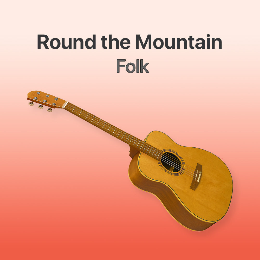 Acoustic guitar on a gradient background with 'Round the Mountain Folk' text