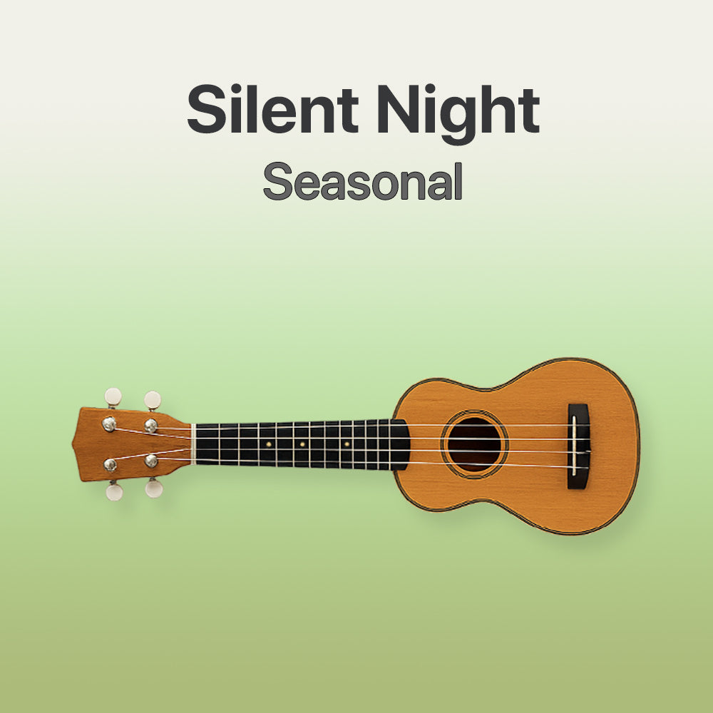 Small wooden guitar on a light green background with 'Silent Night Seasonal' text.