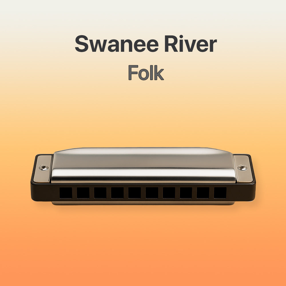 Harmonica with 'Swanee River Folk' text on a gradient background