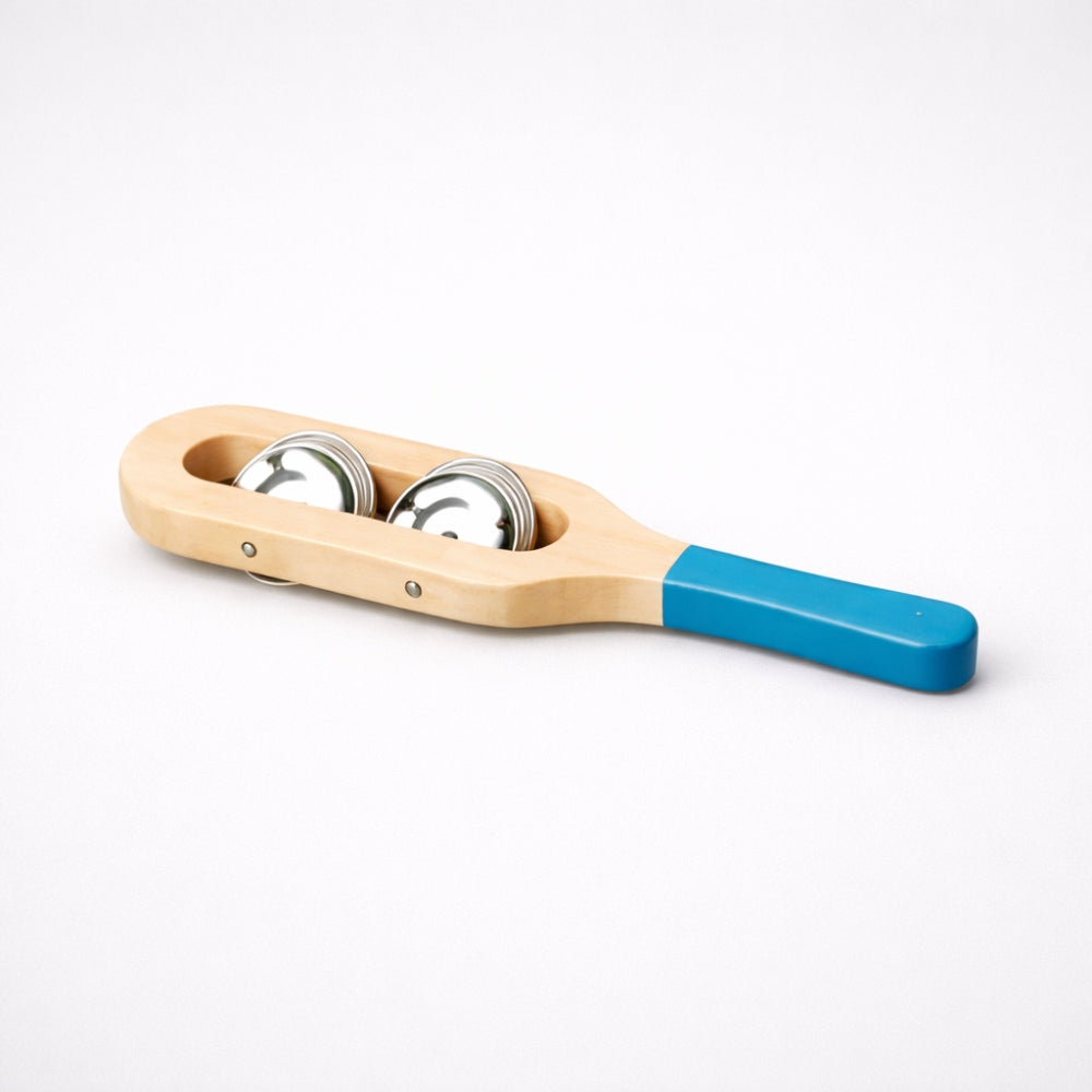 Small Wooden tambourine jingle stick with metal tambour bells on a white studio background