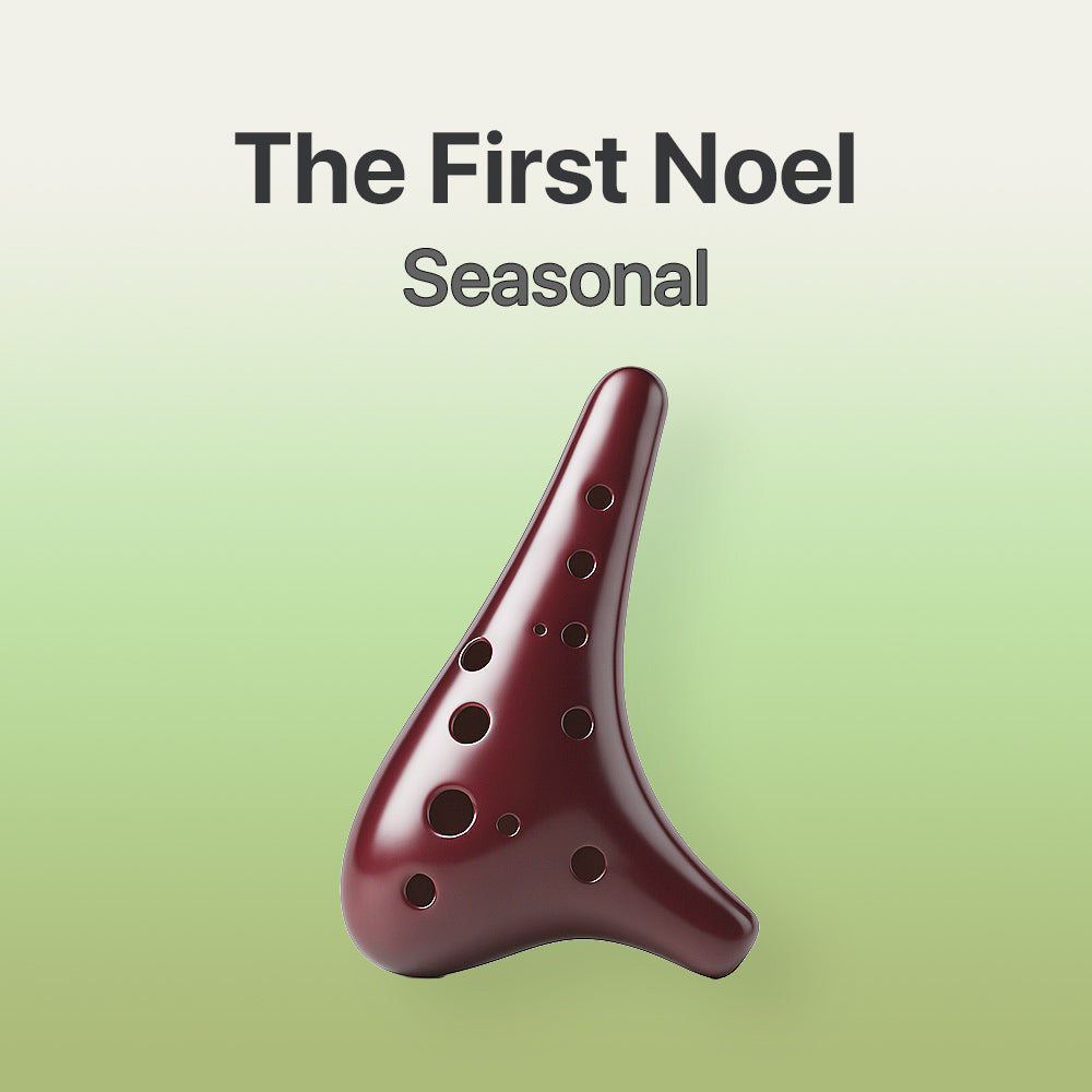 Red ocarina on a green background with 'The First Noel Seasonal' text.