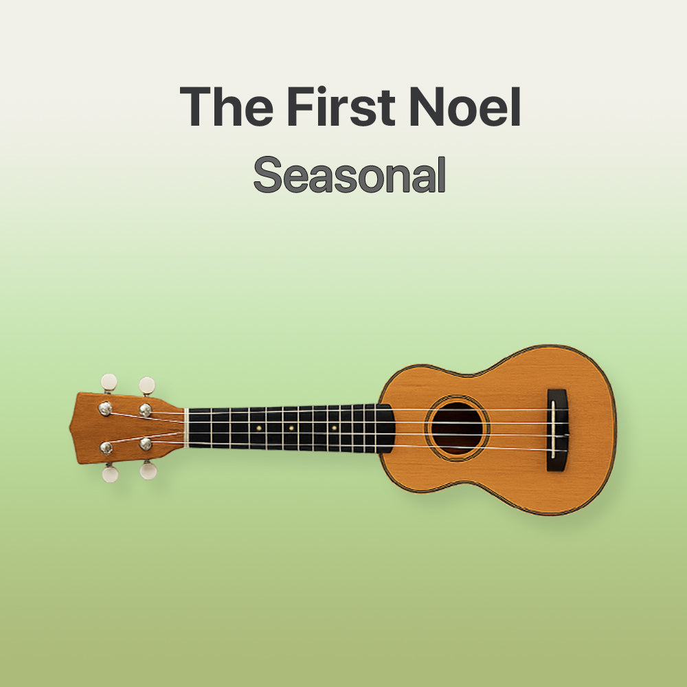 Small ukulele on a light green background with text 'The First Noel Seasonal'.