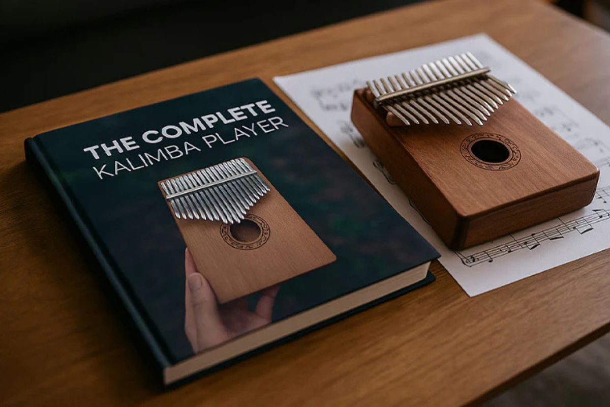 Wooden kalimba and book titled 'The Complete Kalimba Player' on a wooden surface.