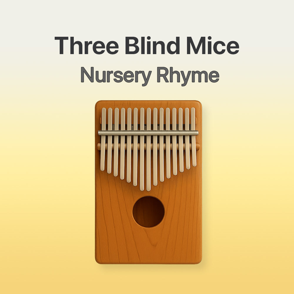 Wooden kalimba with text 'Three Blind Mice Nursery Rhyme' on a yellow background