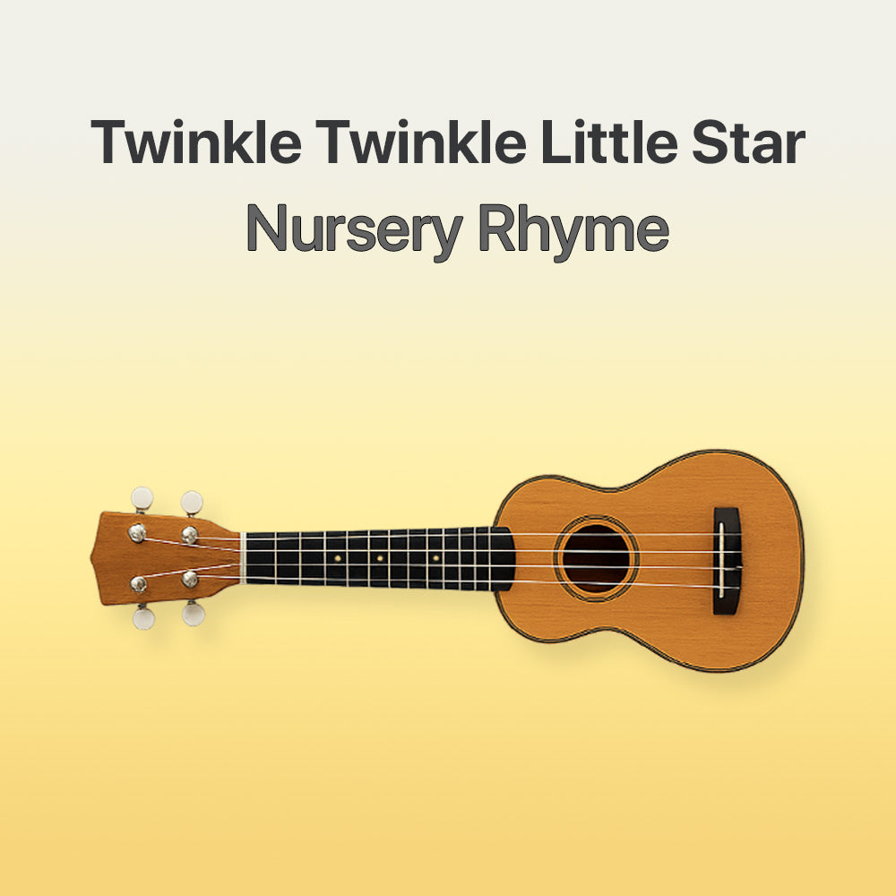 Wooden ukulele on a yellow background with text 'Twinkle Twinkle Little Star Nursery Rhyme'.