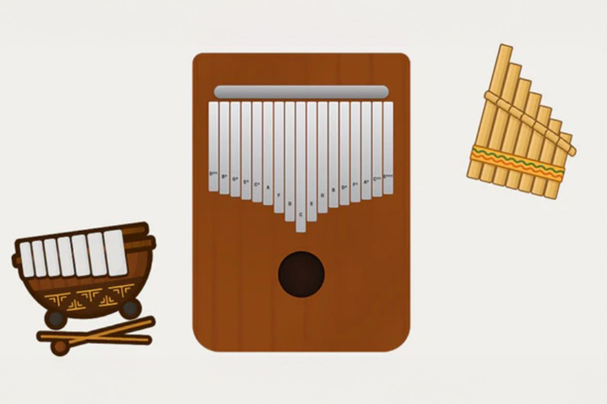 Illustration of a kalimba, xylophone, and pan flute on a beige background