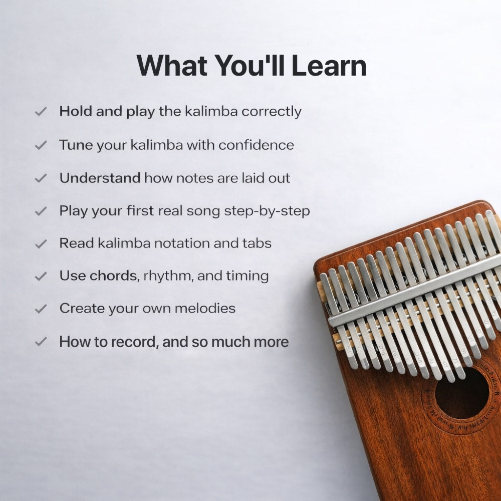 Wooden kalimba with text listing skills to be learned on a light gray background