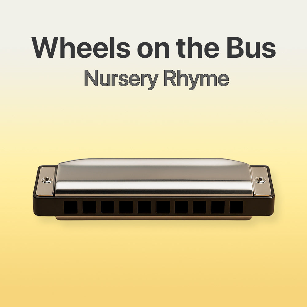 Harmonica on a yellow background with text 'Wheels on the Bus Nursery Rhyme'.