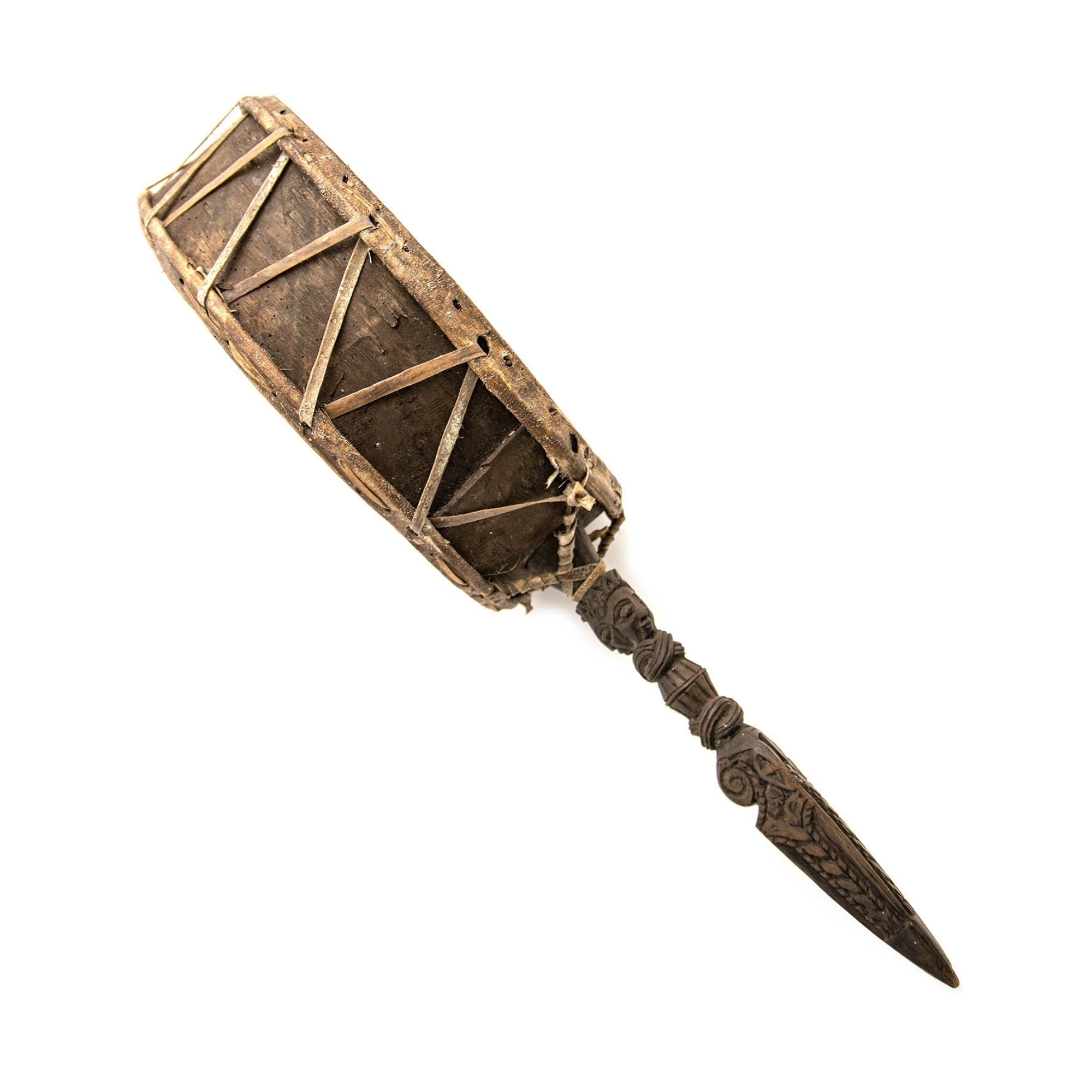 side angle goats hide drum with carved steak