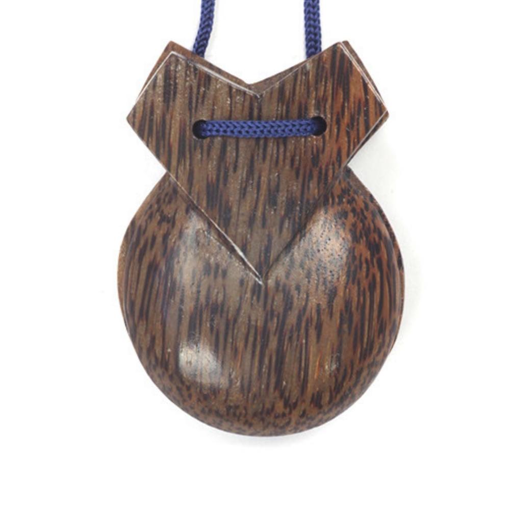 front view coconut castanets on blue rope