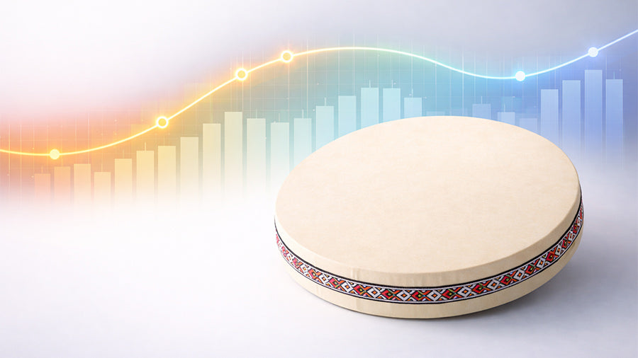 Beige Besar ocean drum with red patterned rim on a clean studio-style background with flowing EQ waveform, illustrating how to EQ an ocean drum for clear, balanced sound.