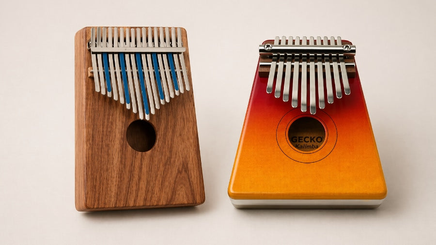 Hugh Tracey kalimba on the left and Gecko kalimba on the right, displayed side by side on a brown paper background.