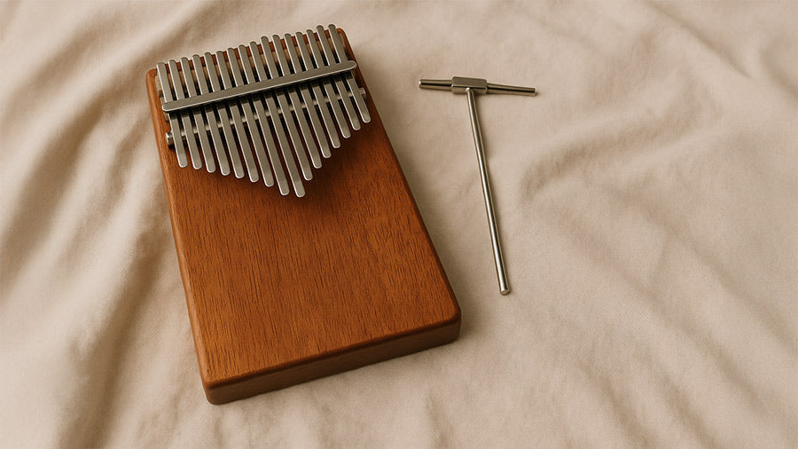 A wooden kalimba resting on a soft beige cloth with a metal tuning hammer and a small black digital tuner placed beside it under soft, diffused lighting.