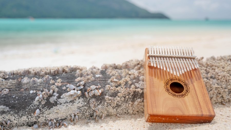 Wooden kalimba with beach background