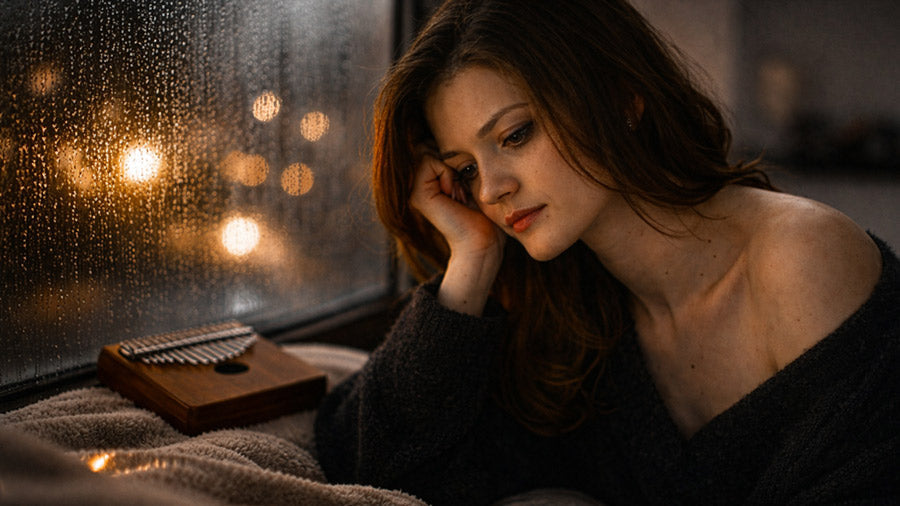 Young woman sitting by a rain-covered window at night with a kalimba resting beside her, reflecting the emotional mood of RAYE’s Escapism song.