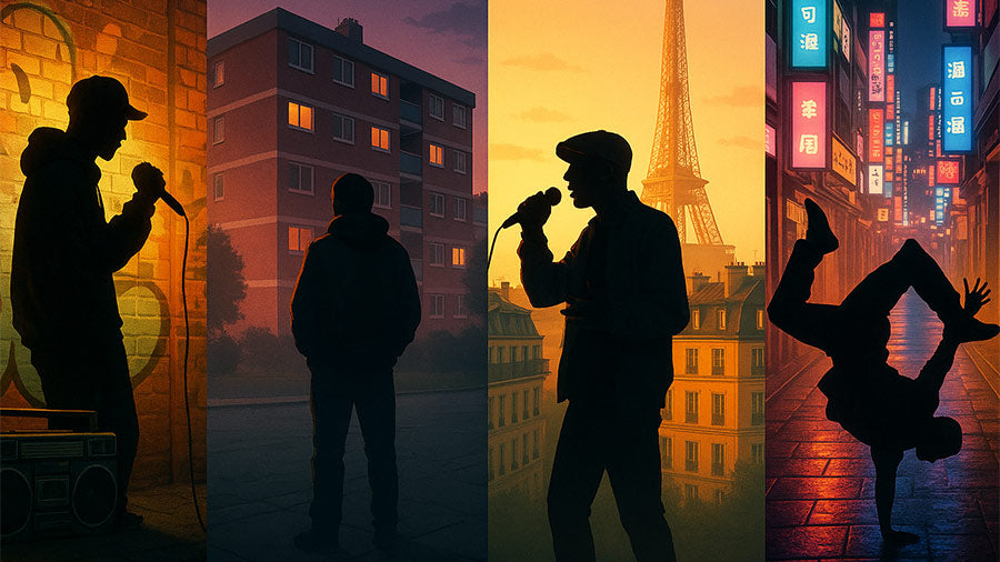 A collage of four urban rap scenes from around the world: a rapper with a boombox in New York, a figure in front of London council estate blocks, a rapper with a microphone on a Paris rooftop with the Eiffel Tower.