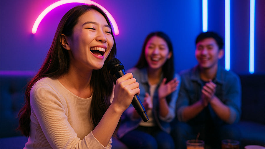 Microphone set up for an all-ages karaoke sing-along of popular family-friendly songs