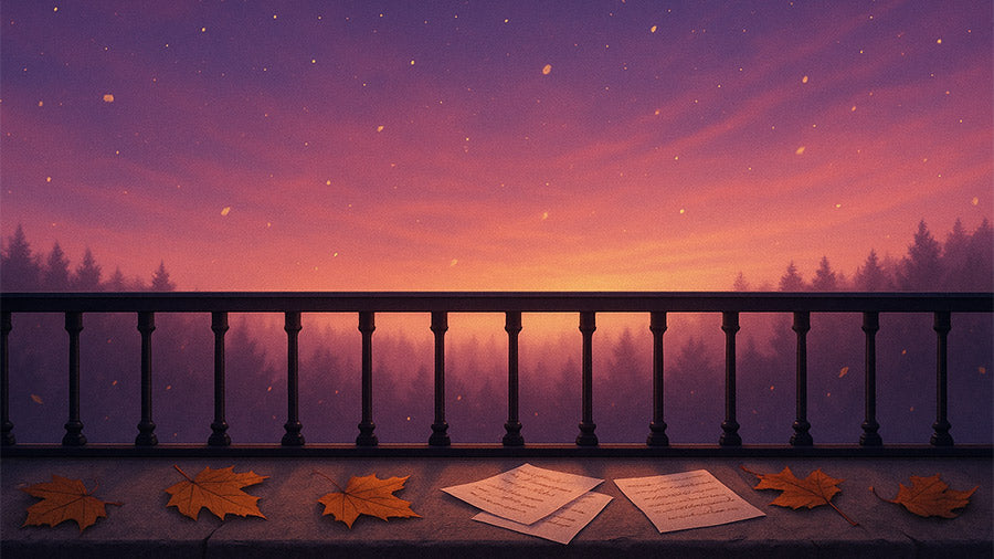 A twilight balcony overlooks a misty forest under a pink and purple sky, with autumn leaves and handwritten notes resting on the stone ledge, while golden sparkles float in the air to symbolize Taylor Swift’s iconic songs across eras.