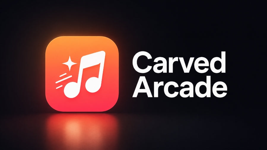 Carved Arcade logo with a red music note icon on a dark Apple-style background