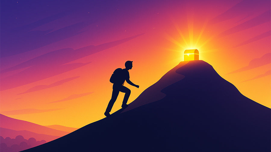 A lone figure with a backpack climbs a dark hill under a vibrant purple and orange sunset sky, moving toward a glowing golden treasure chest at the top symbolizing achievement and success.