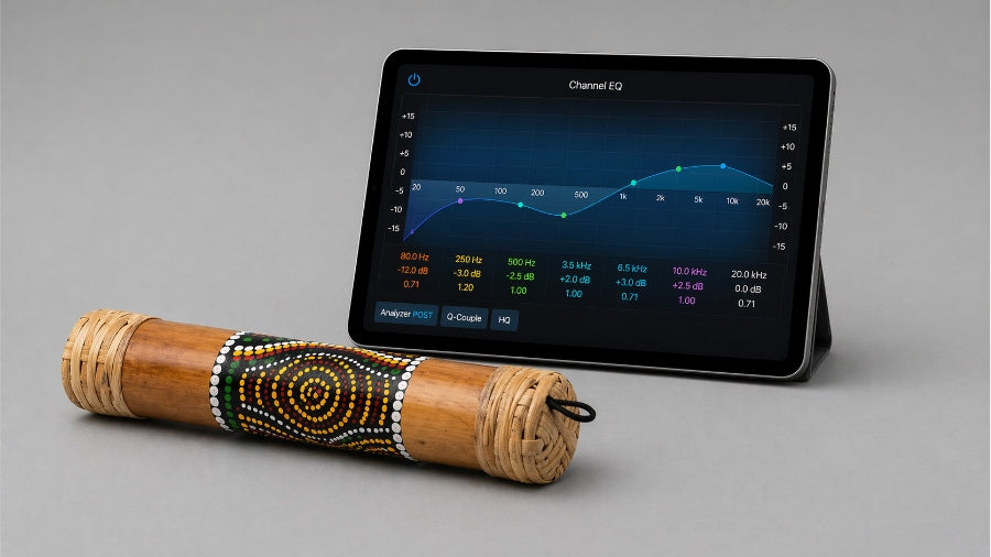 20cm bamboo rainstick next to ipad displaying channel EQ settings on a light grey studio background