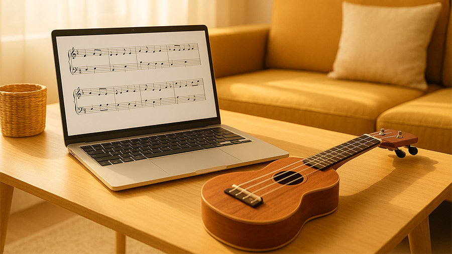 Laptop displaying sheet music beside a ukulele on a wooden table in a bright living room.