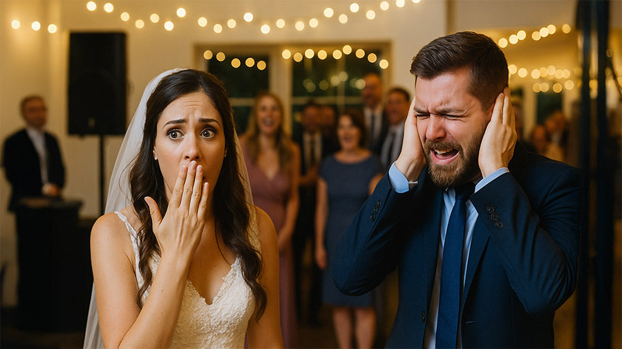 A bride and groom react in shock on the wedding dance floor, the bride covering her mouth and the groom holding his ears as guests in the background laugh and look surprised while music plays from the DJ booth