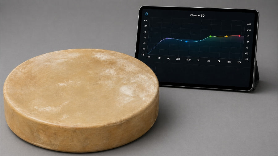 Shamanic frame drum beside tablet showing EQ settings on grey studio background