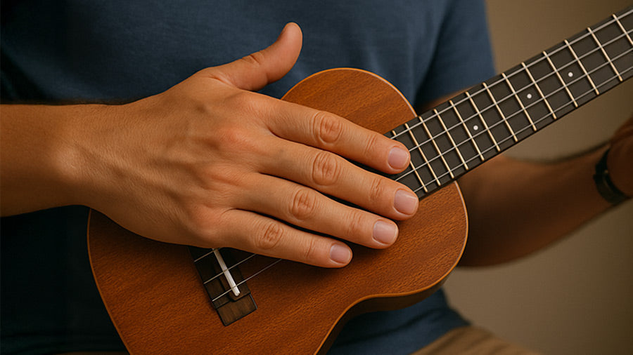 Close-up of hands tapping the body of a wooden ukulele to demonstrate percussive playing technique.
