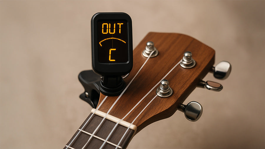 Clip-on ukulele tuner attached to a wooden ukulele headstock showing an out-of-tune reading, with clear focus on the tuner screen and strings