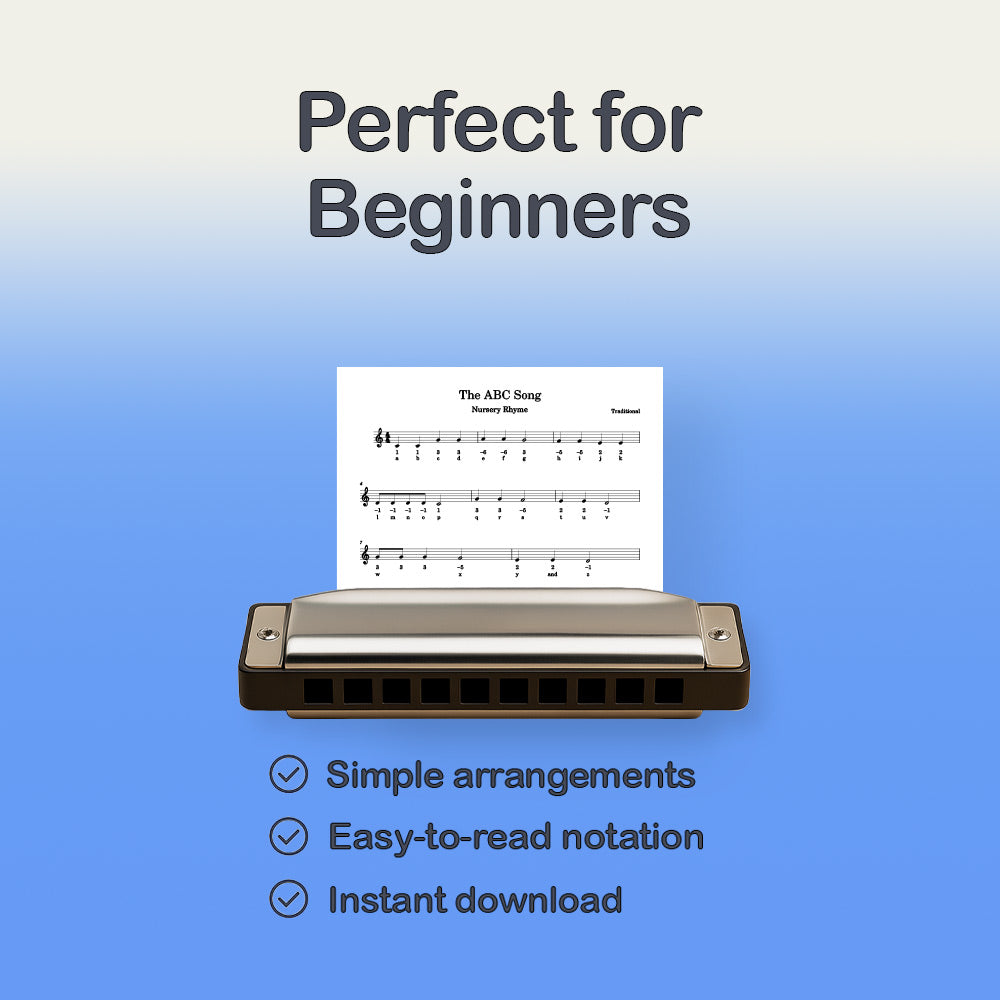 Harmonica with sheet music on a blue background, labeled 'Perfect for Beginners'.