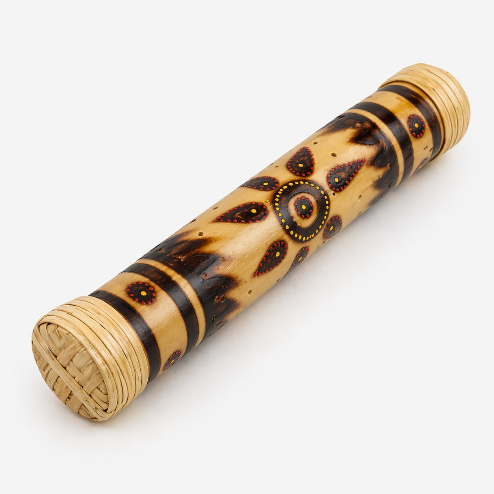 30cm Decorative bamboo rainstick circular patterns on a white studio background