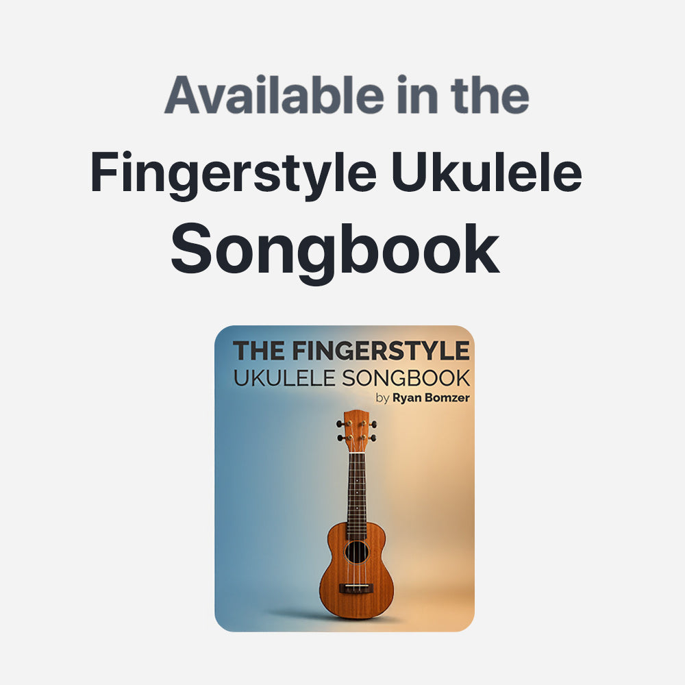 Fingerstyle Ukulele Songbook cover with ukulele illustration on a gradient background