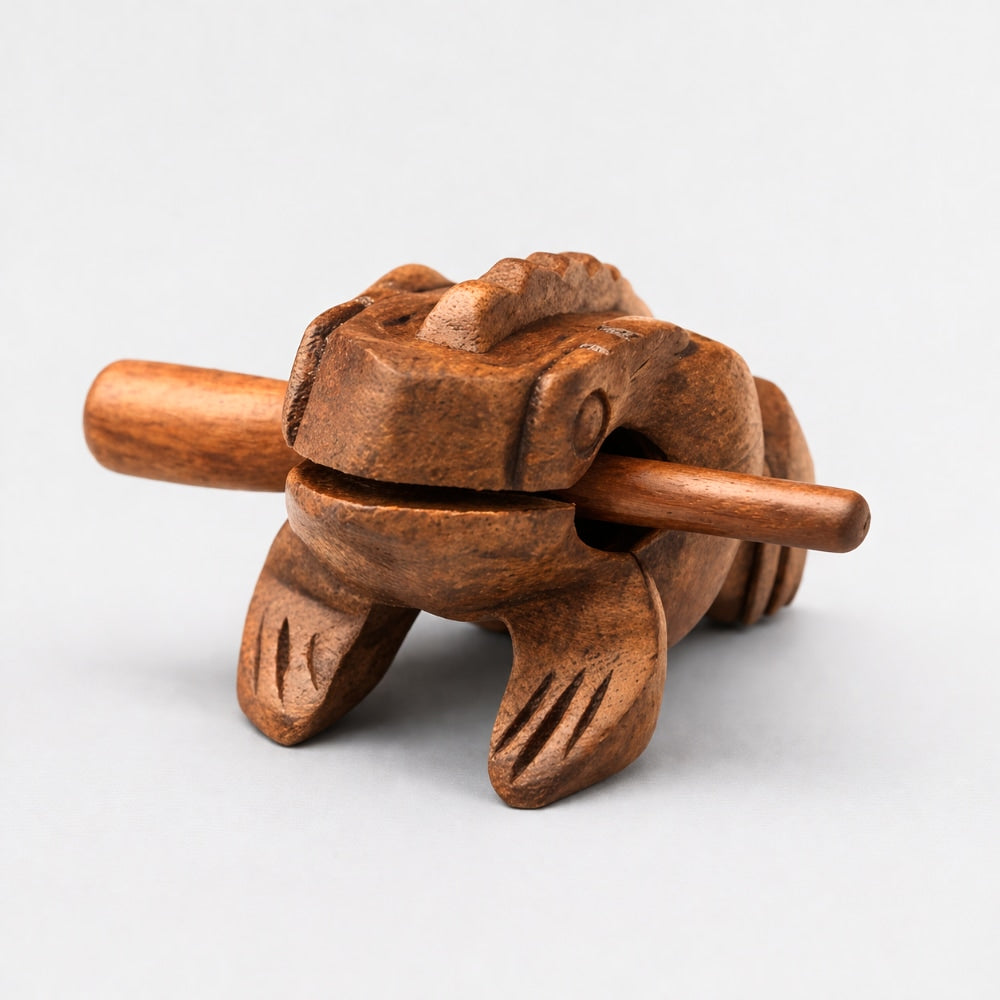 Wooden 4" croaking frog guiro with scraper beater on a white background
