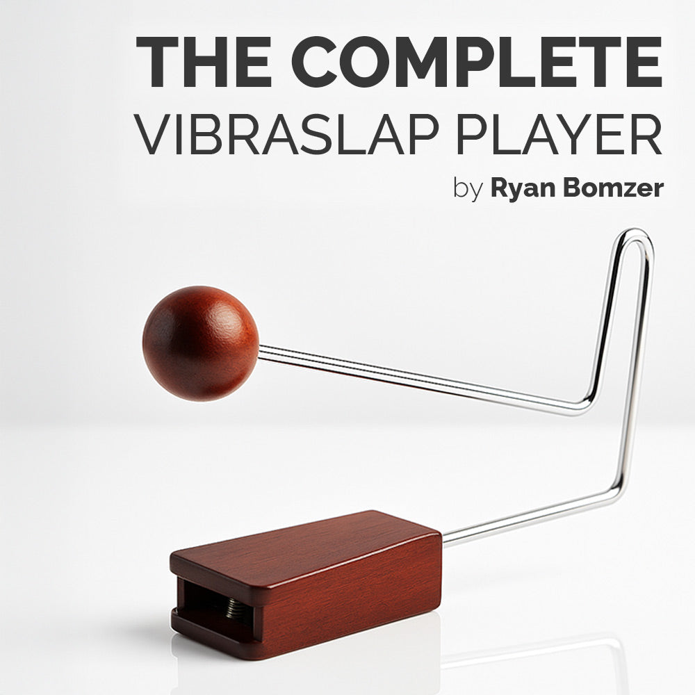 Vibraslap musical instrument on a white background with text “the complete Vibraslap player by ryan bomzer”.
