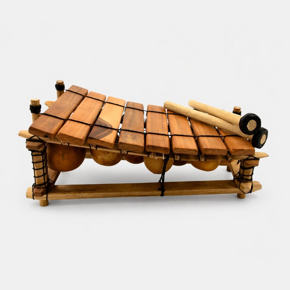 Traditional wooden African balafon xylophone marimba with 8 notes on a studio background