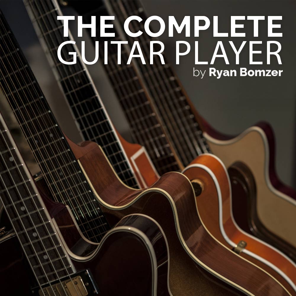 Guitars stacked with 'The Complete Guitar Player by Ryan Bomzer' text overlay