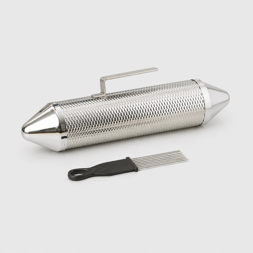 large metal guiro shaker with handle and rasp