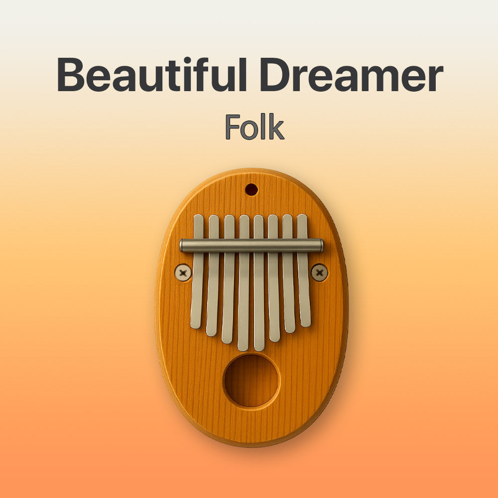 Wooden kalimba with 'Beautiful Dreamer Folk' text on a gradient background