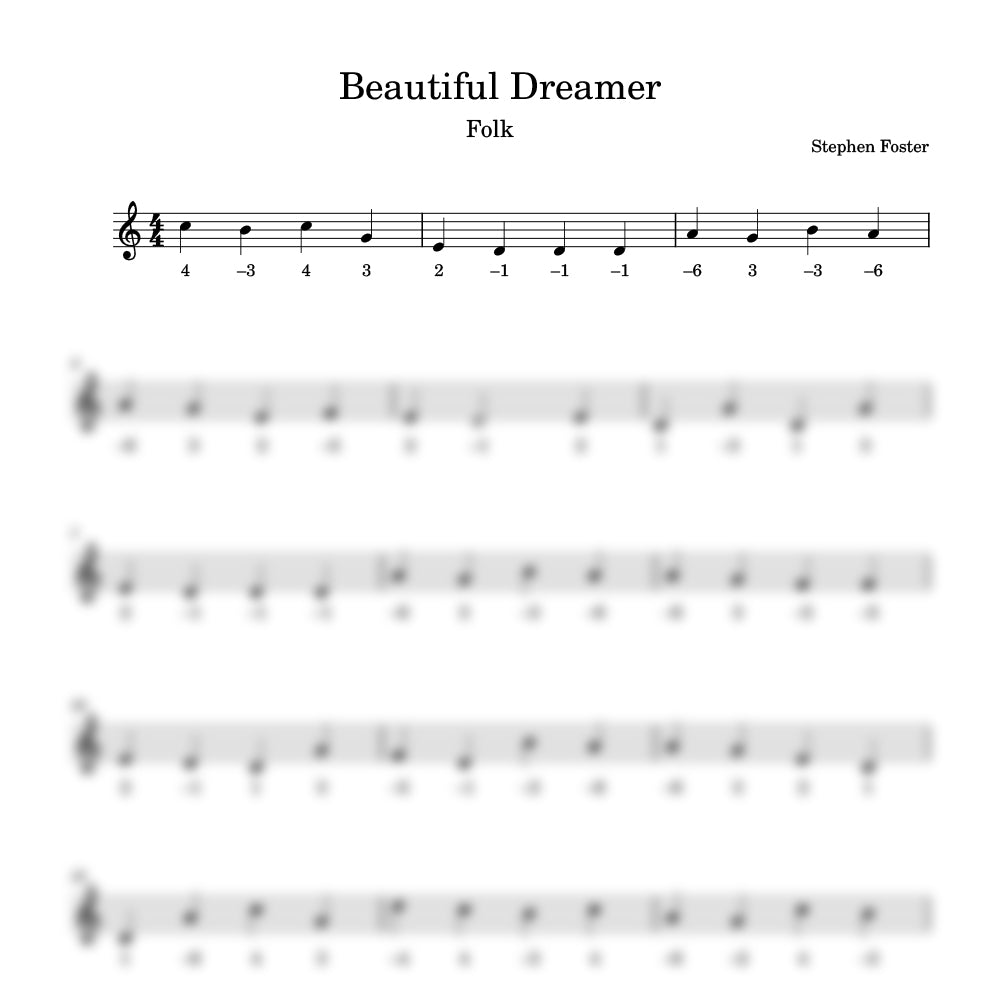 Sheet music for 'Beautiful Dreamer' by Stephen Foster with number notes