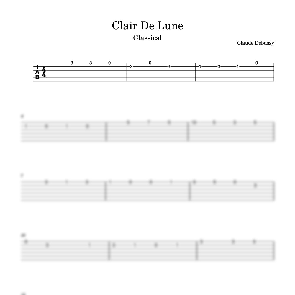Sheet music for 'Clair De Lune' by Claude Debussy with tablature