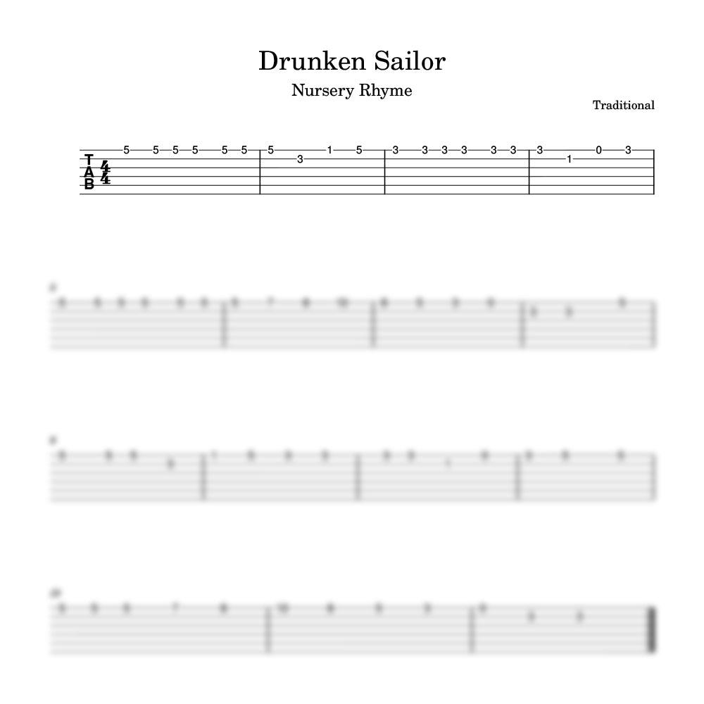 Music sheet for 'Drunken Sailor' with guitar tablature and notation.