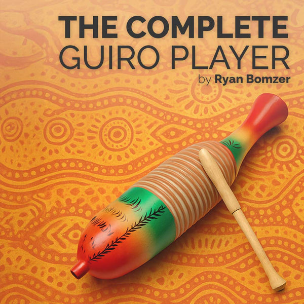 Book cover of 'The Complete Guiro Player' by Ryan Bomzer with a guiro instrument on an orange patterned background.