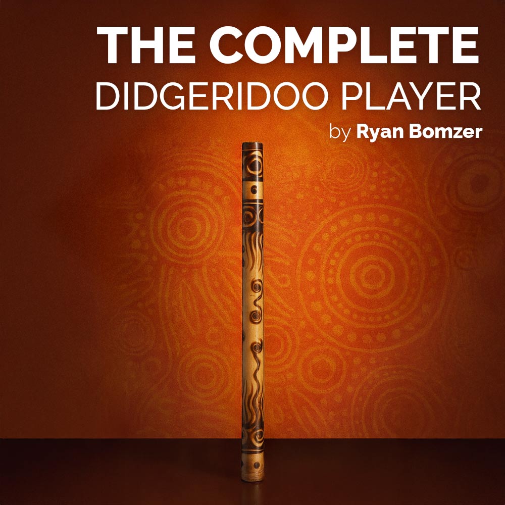Didgeridoo with intricate patterns on an orange background, featuring text about 'The Complete Didgeridoo Player' by Ryan Bomzer.