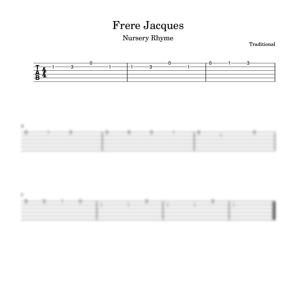 Sheet music for the nursery rhyme 'Frère Jacques' with guitar tablature.