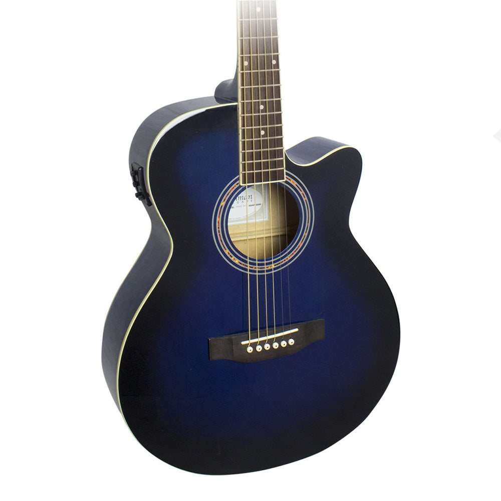 Close-up of the blue guitar body and strings of the Freshman acoustic electro folk guitar.