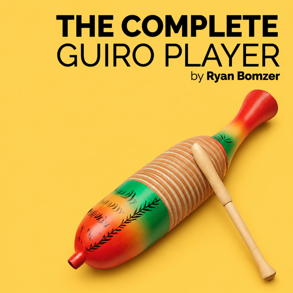 Book cover for 'The Complete Guiro Player' by Ryan Bomzer, featuring a colorful guiro drum and mallet on a solid yellow background.
