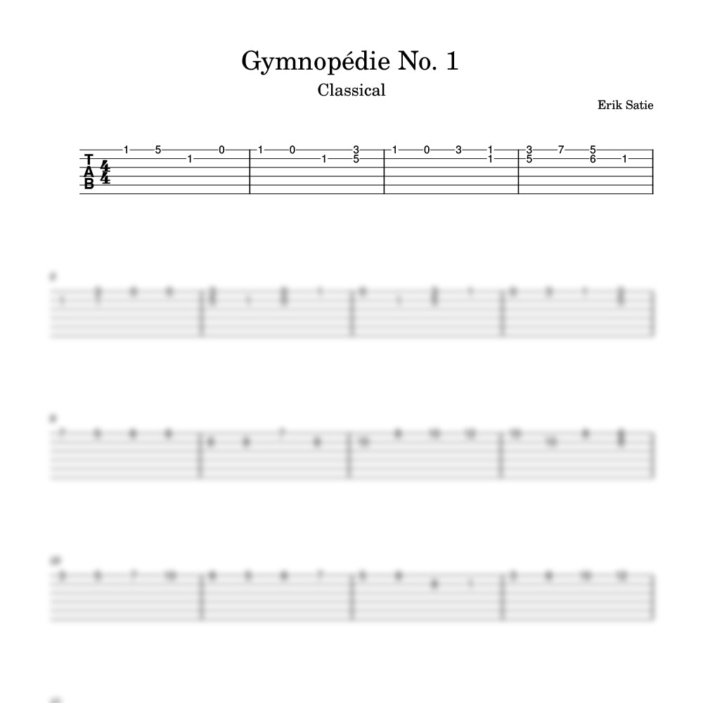 Sheet music for 'Gymnopédie No. 1' by Erik Satie with tablature and notation.